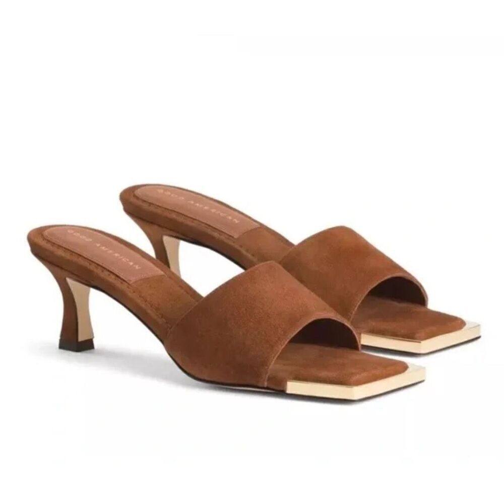 Good American The Standout Square Toe Slide Brown Gold Detail Women’s Sz 5 Nwob